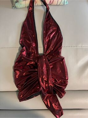Shimmery Burgundy Halter Mini Dress with Front Tie